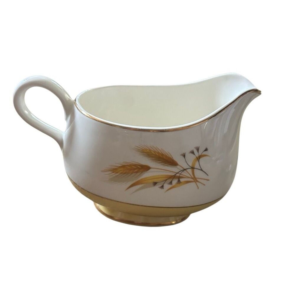 Vintage Fine China Golden Wheat Gravy Boat Creamer Gold Trim Yellow Base MCM